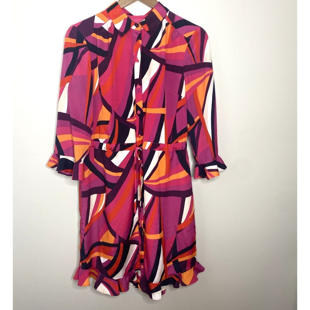 Trina Trina Turk Casual Shirt Dress Size Small Ruffle Hem Geometric Pink Orange
